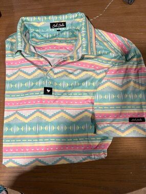 Bad Birdie Pastel Aztec Polo - Mint, Pink & Yellow